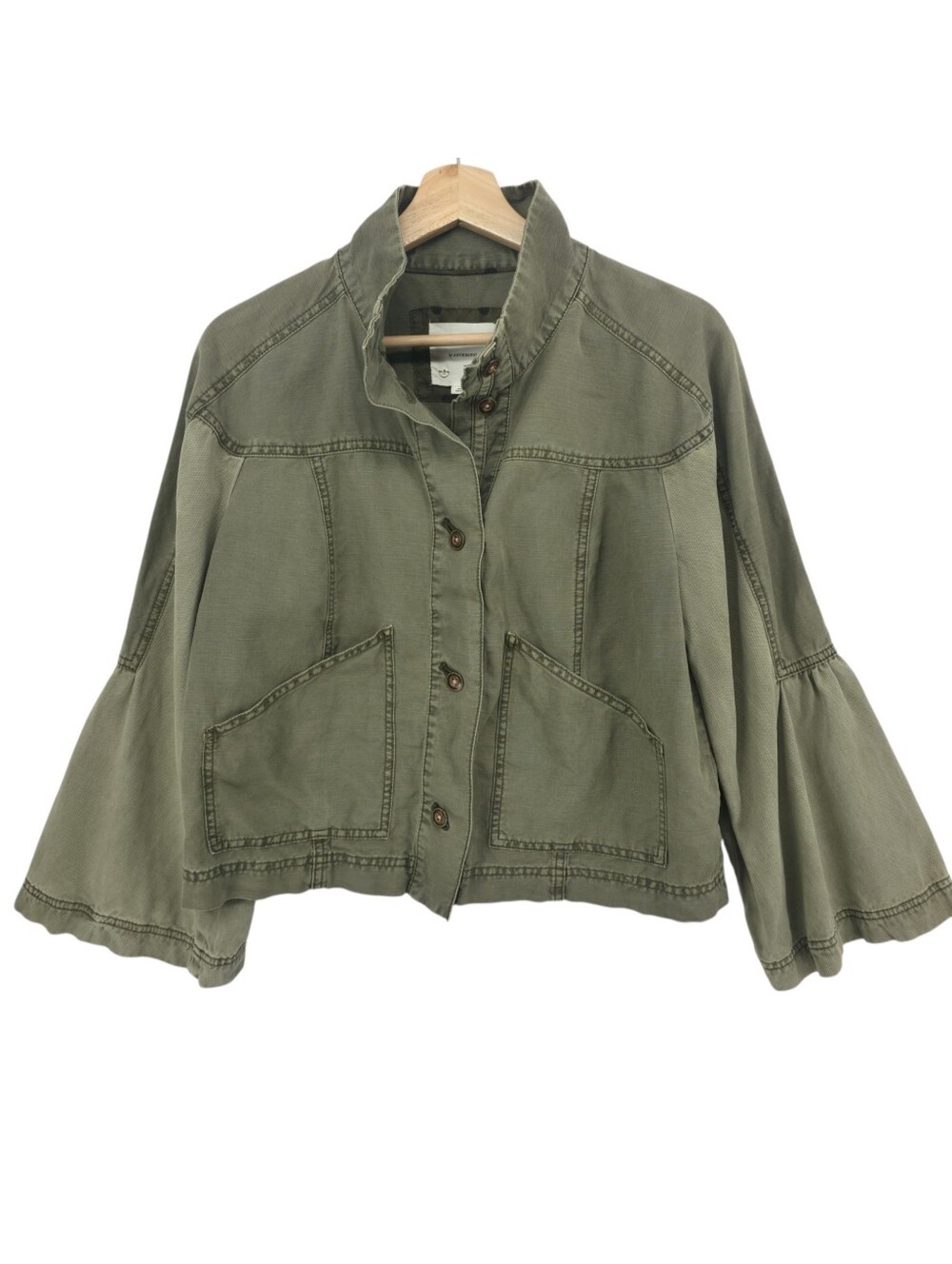 Anthropologie Olive Linen Blend Funnel Neck Utility Jacket Bell Sleeve Medium